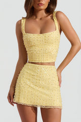 Embellished Square-Neck Crop Top in Yellow