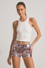 Sequin-Embellished Mini Shorts in Silver