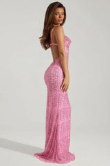 Embellished Cowl-Neck Backless Maxi Dress in Pink