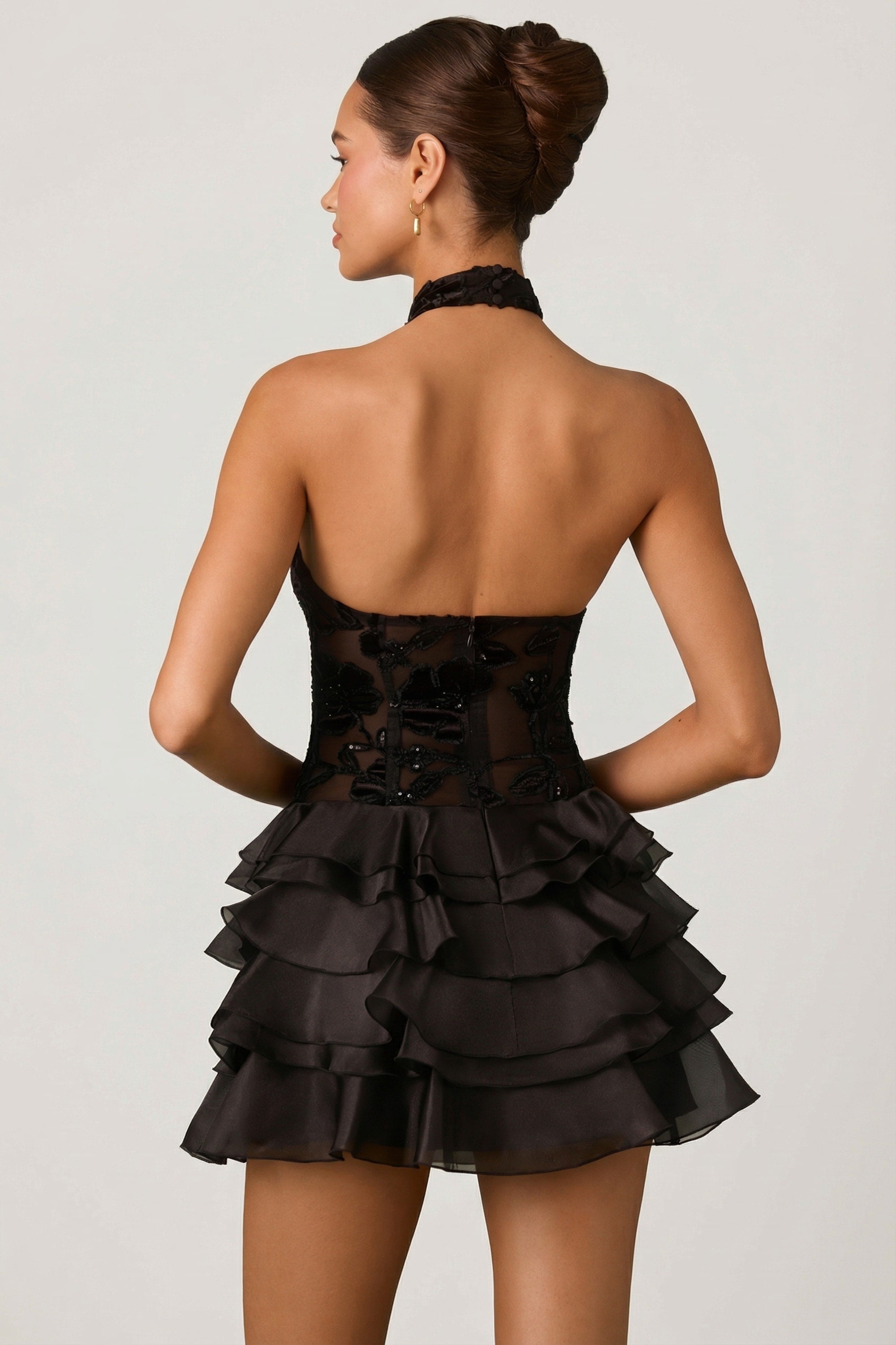 Embellished Ruffled Halterneck Mini Dress in Black