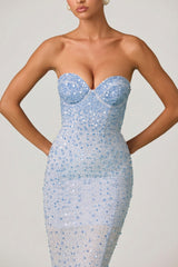 Embellished Sweetheart-Neck Fishtail Gown in Sky Blue