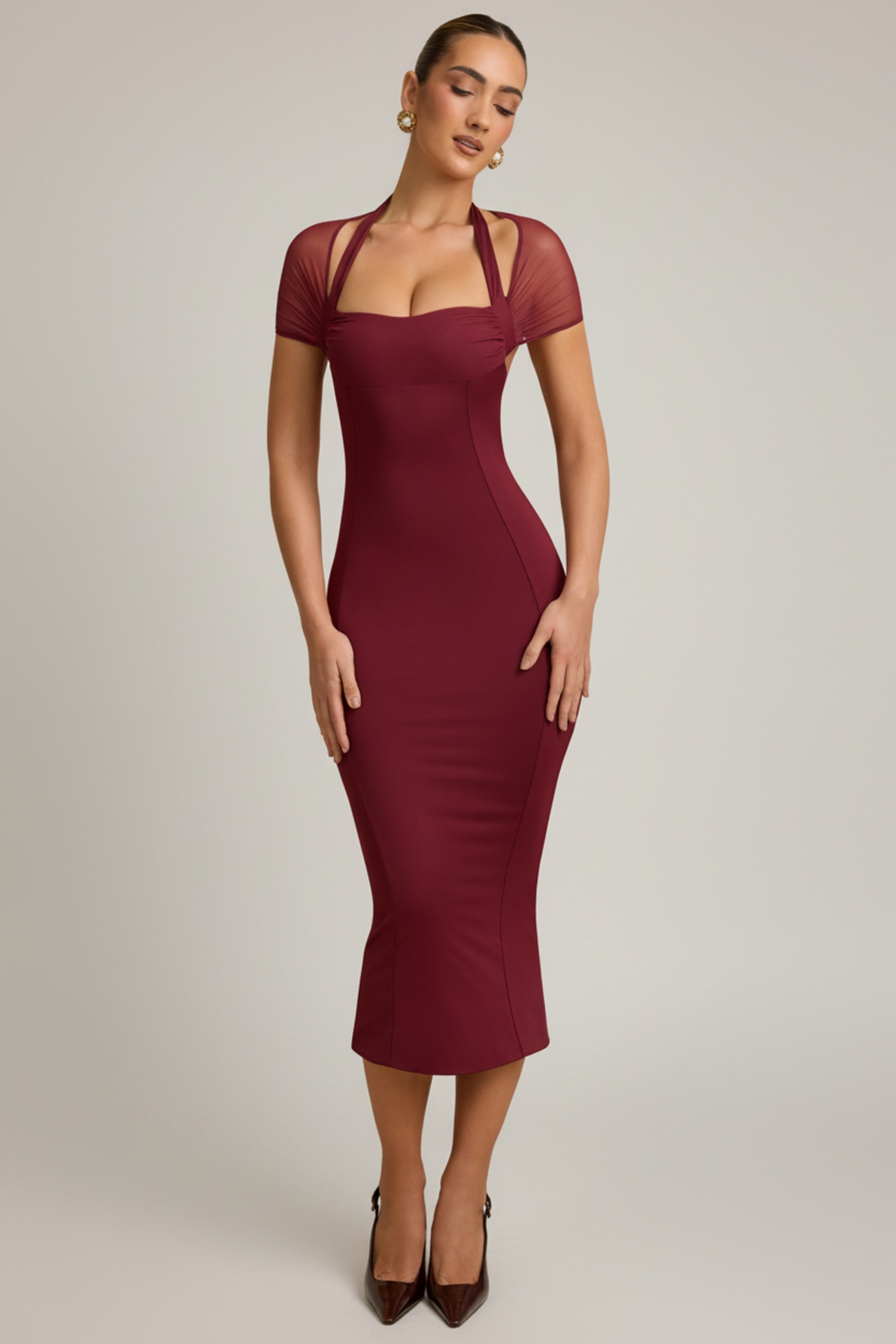 Slinky Jersey Open-Back Midaxi Dress in Wine Red
