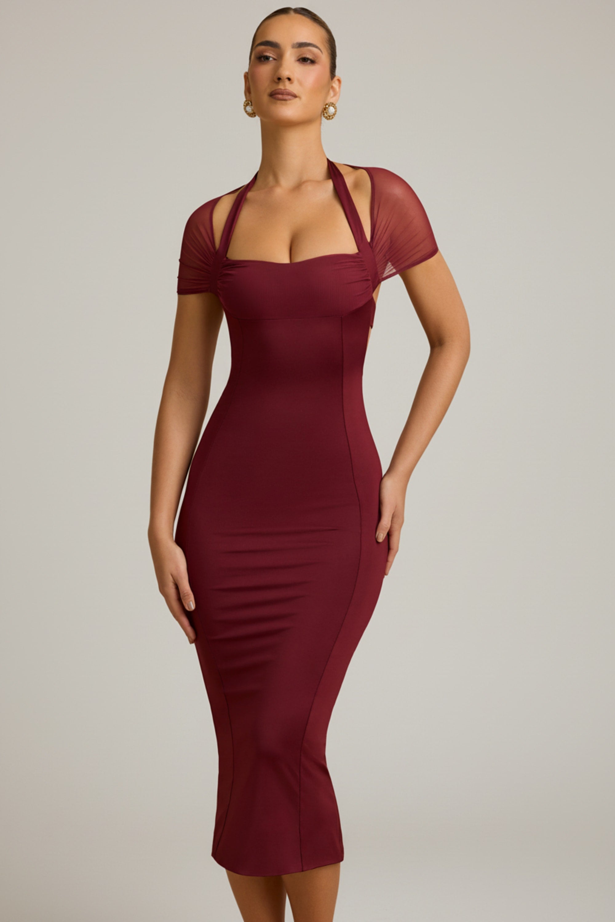 Slinky Jersey Open-Back Midaxi Dress in Wine Red