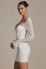 Embellished Long-Sleeve Mini Dress in White