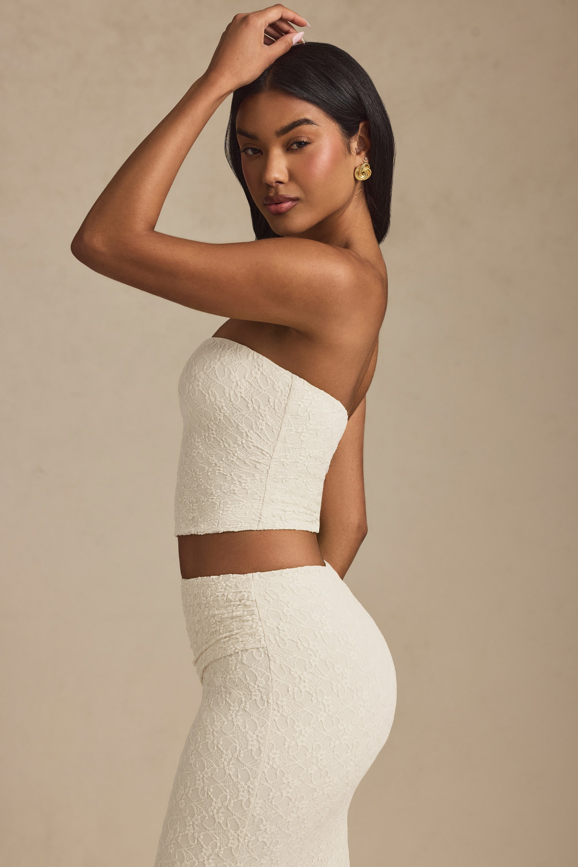 Ruched Strapless Lace Top in Ivory