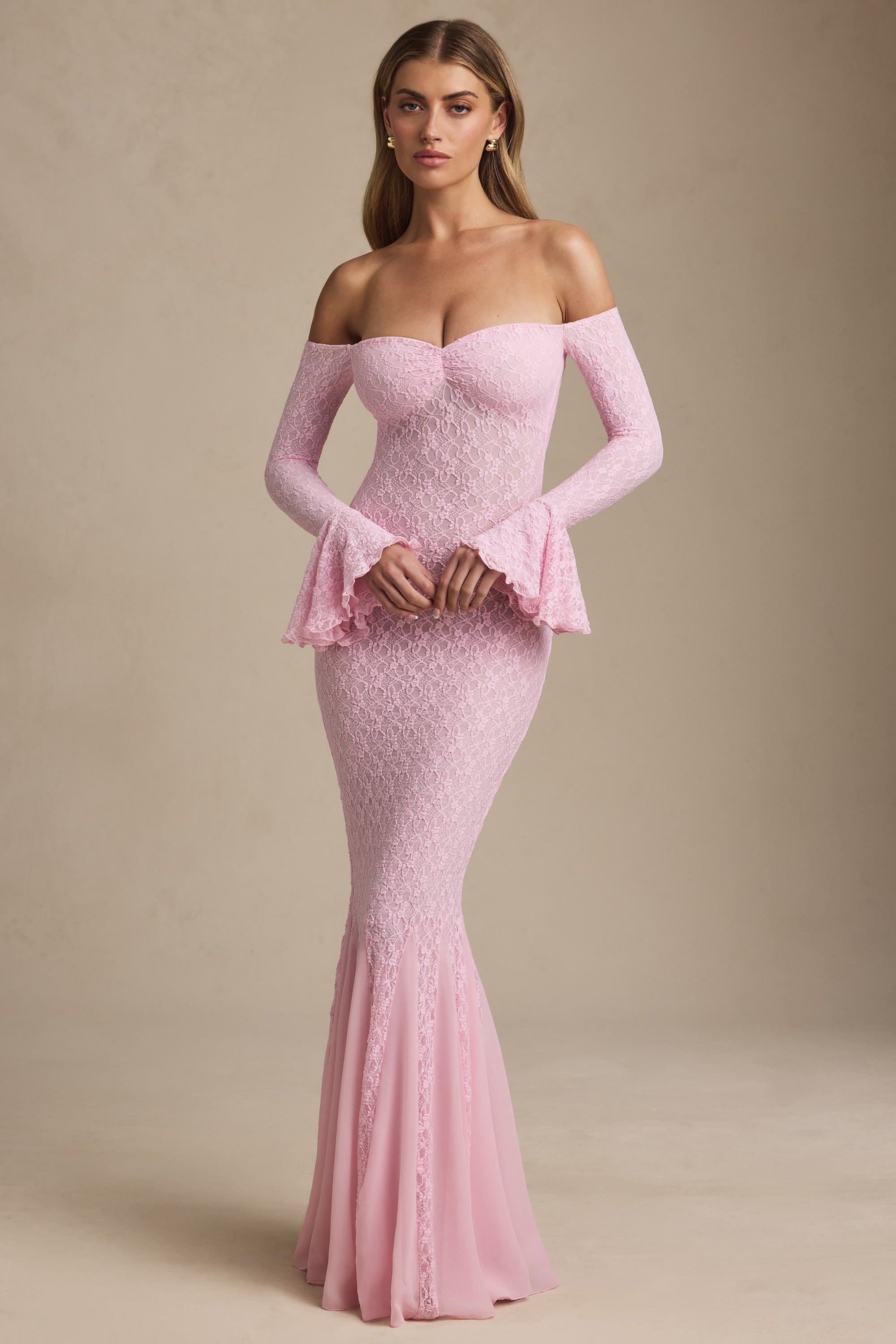 Off-Shoulder Ruffle Lace Maxi Dress in Soft Pink
