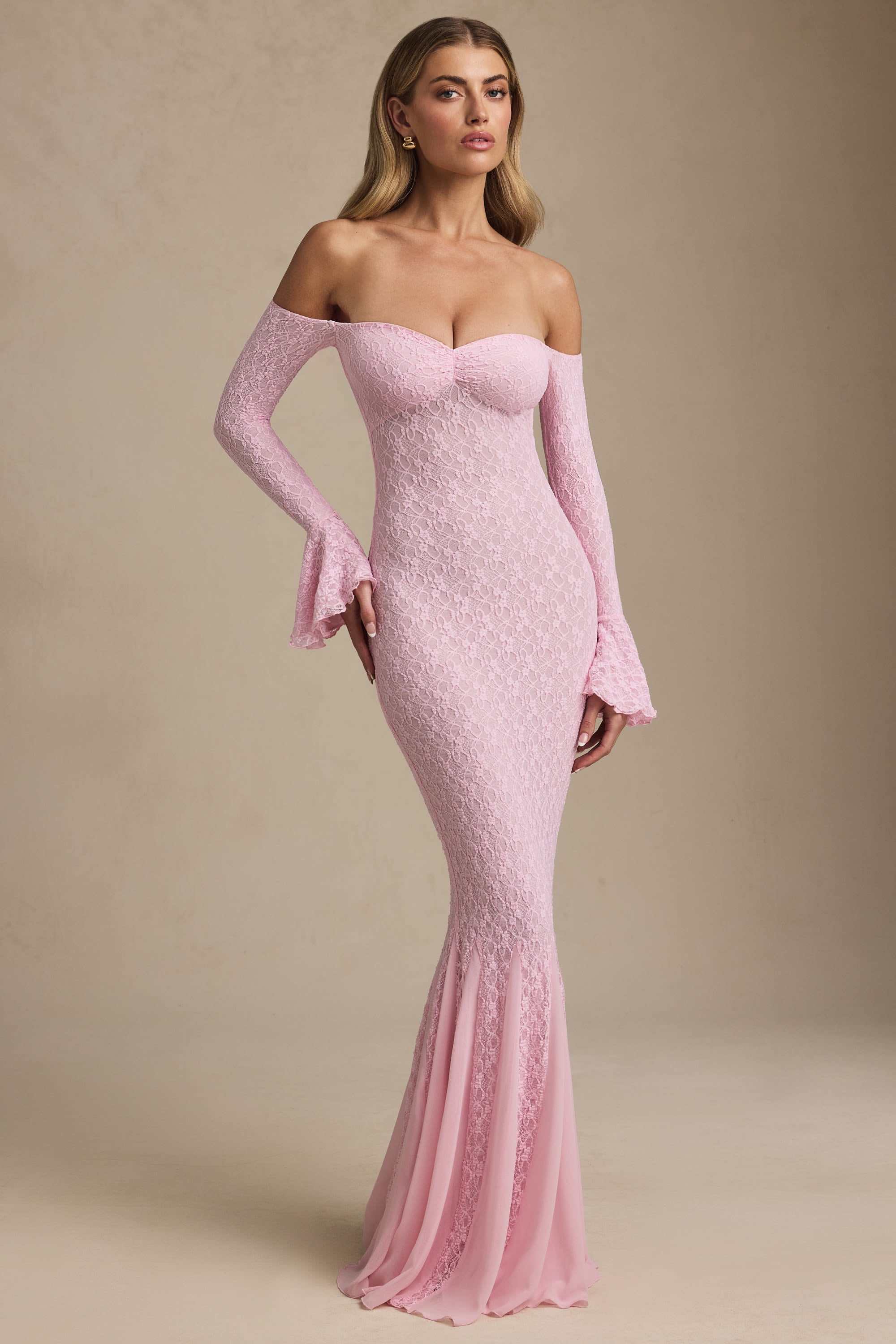 Off-Shoulder Ruffle Lace Maxi Dress in Soft Pink