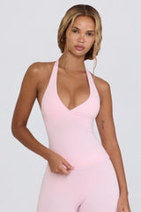 Halterneck Open-Back Tank Top in Pale Pink Marl