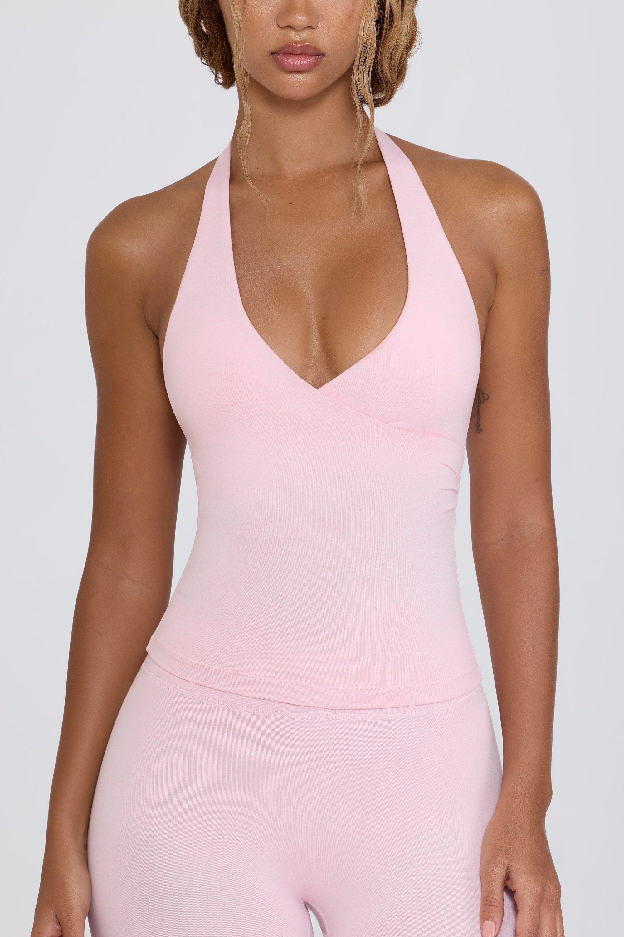 Halterneck Open-Back Tank Top in Pale Pink Marl
