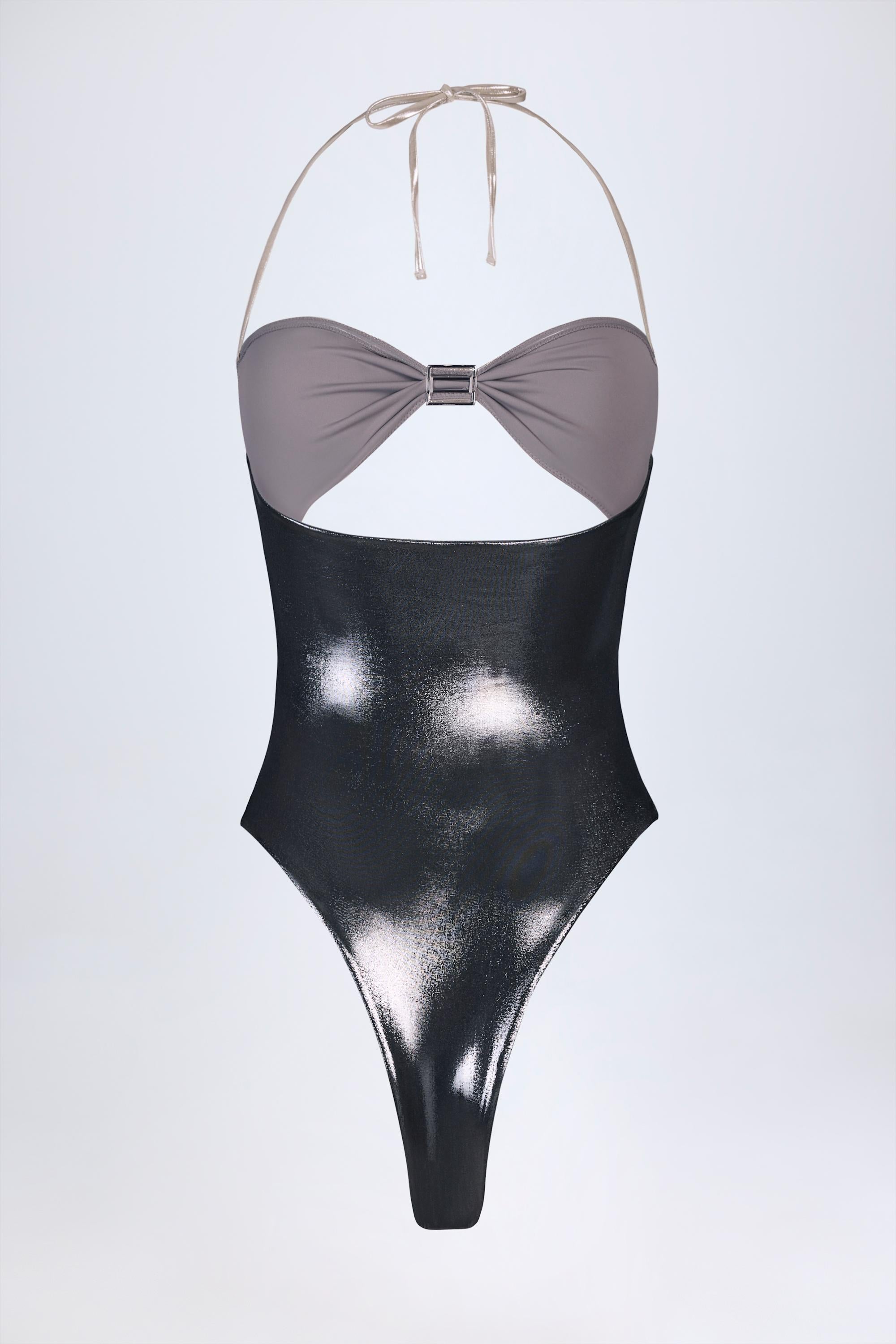 Panelled Cut-out Swimsuit in Silver Chrome